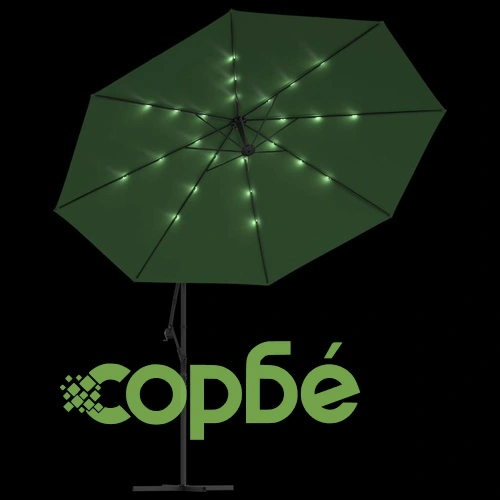 Конзолен градински чадър с LED и метален стълб 350 см зелен ➤ топ цена ➤ sorbe.bg