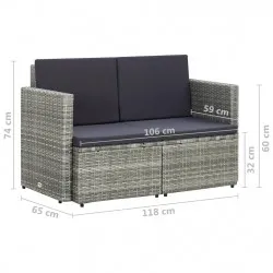 2-местен градински диван с възглавници, сив, полиратан
