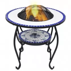 Мозаечна маса с огнище, синьо и бяло, 68 см, керамика