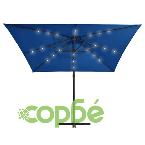 Чадър чупещо рамо с LED лампи стоманен прът 250x250 см лазурно ➤ топ цена ➤ sorbe.bg