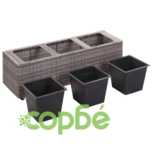 Градинска висока леха с 3 саксии 100x30x36 см полиратан сива ➤ топ цена ➤ sorbe.bg