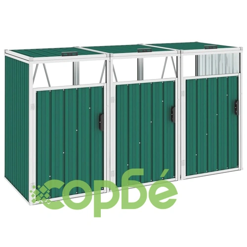 Троен навес за кофи за боклук зелен 213x81x121 см стомана ➤ топ цена ➤ sorbe.bg