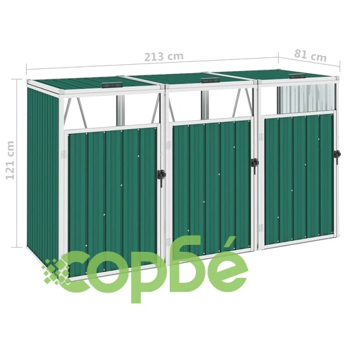 Троен навес за кофи за боклук зелен 213x81x121 см стомана ➤ топ цена ➤ sorbe.bg