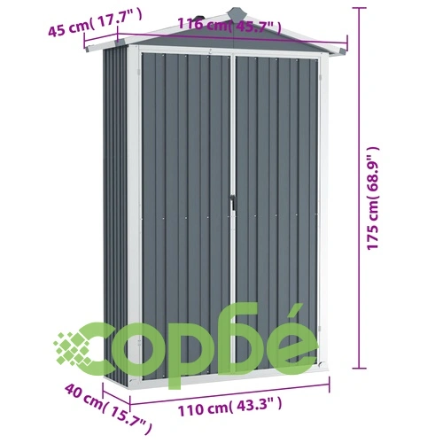 Градинска барака, сива, 116x45x175 см, поцинкована стомана ➤ топ цена ➤ sorbe.bg