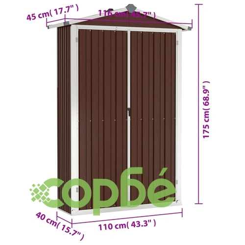 Градинска барака, кафява, 116x45x175 см, поцинкована стомана ➤ топ цена ➤ sorbe.bg