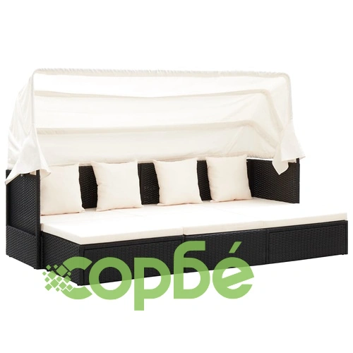 Градинско лаундж легло със сенник черен полиратан ➤ топ цена ➤ sorbe.bg