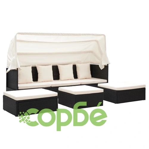 Градинско лаундж легло със сенник черен полиратан ➤ топ цена ➤ sorbe.bg