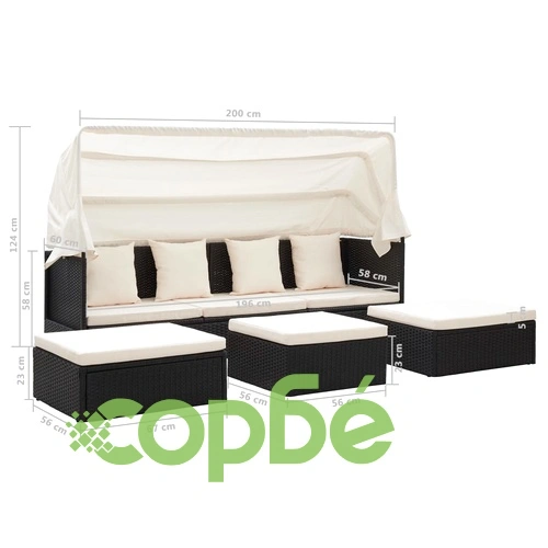 Градинско лаундж легло със сенник черен полиратан ➤ топ цена ➤ sorbe.bg