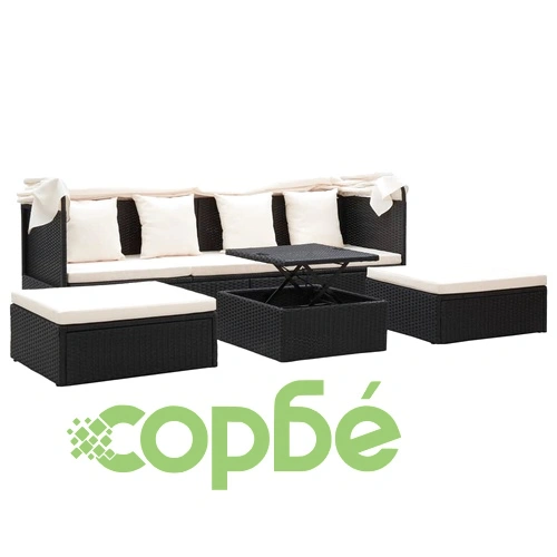 Градинско лаундж легло със сенник черен полиратан ➤ топ цена ➤ sorbe.bg