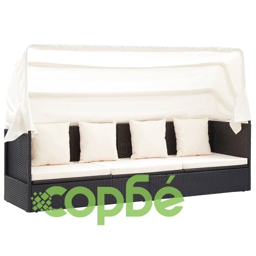 Градинско лаундж легло със сенник черен полиратан ➤ топ цена ➤ sorbe.bg