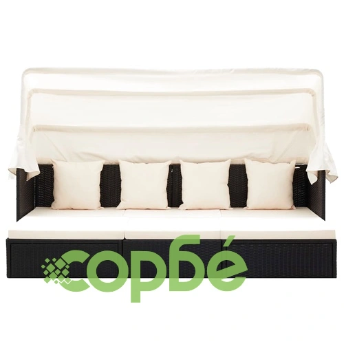 Градинско лаундж легло със сенник черен полиратан ➤ топ цена ➤ sorbe.bg