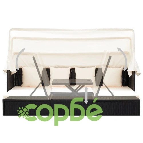 Градинско лаундж легло със сенник черен полиратан ➤ топ цена ➤ sorbe.bg