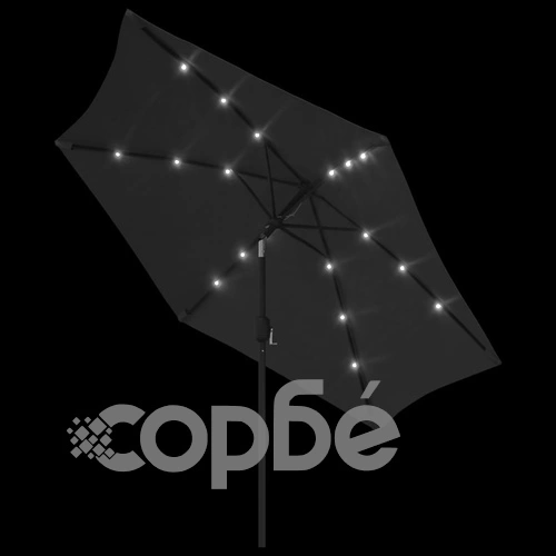 Градински чадър с LED лампички и стоманен прът, 300 см, черен ➤ топ цена ➤ sorbe.bg