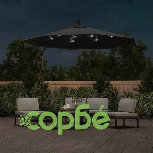 Конзолен градински чадър с LED и стоманен стълб 300 см черен ➤ топ цена ➤ sorbe.bg