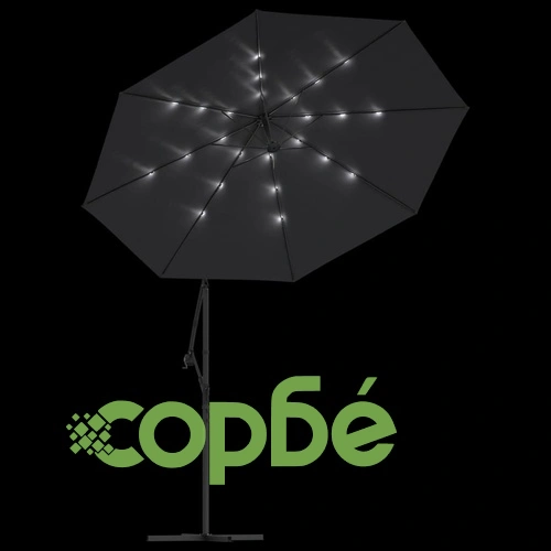 Конзолен градински чадър с LED и стоманен стълб 300 см черен ➤ топ цена ➤ sorbe.bg