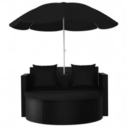 Градинско легло с чадър, полиратан, черно