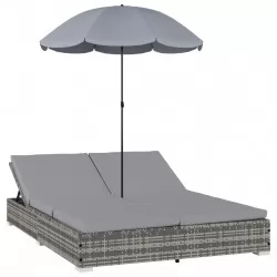 Градинско лаундж легло с чадър, полиратан, сиво
