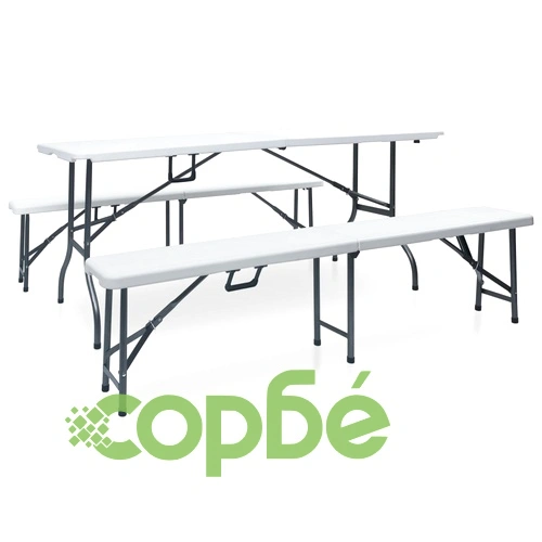 Сгъваема градинска маса с 2 пейки, 180 см, стомана и HDPE, бяла ➤ топ цена ➤ sorbe.bg