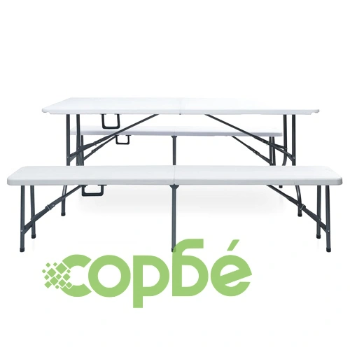 Сгъваема градинска маса с 2 пейки, 180 см, стомана и HDPE, бяла ➤ топ цена ➤ sorbe.bg