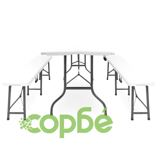 Сгъваема градинска маса с 2 пейки, 180 см, стомана и HDPE, бяла ➤ топ цена ➤ sorbe.bg