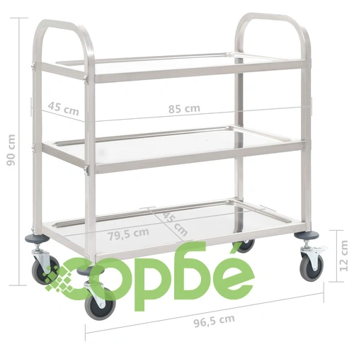 Кухненска количка с 3 рафта, 96,5x55x90 см, неръждаема стомана ➤ топ цена ➤ sorbe.bg