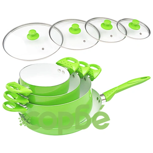 Комплект съдове за готвене, 8 части, зелен, алуминий ➤ топ цена ➤ sorbe.bg