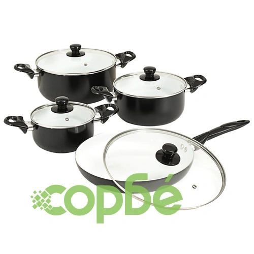 Комплект съдове за готвене, 8 части, черен, алуминий ➤ топ цена ➤ sorbe.bg
