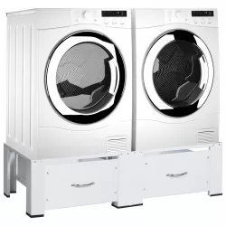 Двойна стойка за пералня и сушилня с чекмеджета, бяла
