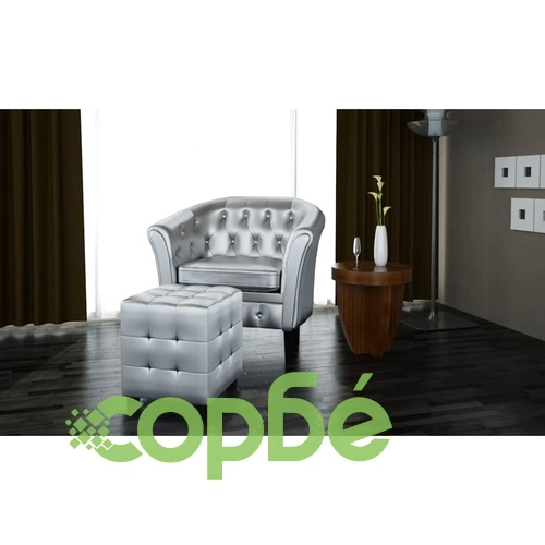 Фотьойл с табуретка за крака, сребрист, изкуствена кожа ➤ топ цена ➤ sorbe.bg