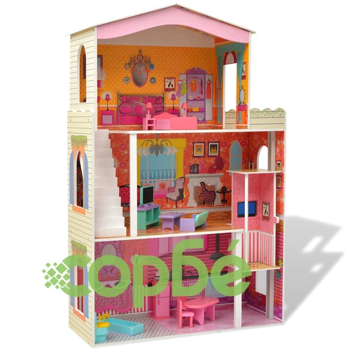 3-етажна къща за кукли, 73 x 32 x 116 см, дърво ➤ топ цена ➤ sorbe.bg