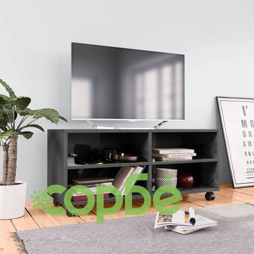 ТВ шкаф с колелца, сив гланц, 90x35x35 см, инженерно дърво ➤ топ цена ➤ sorbe.bg