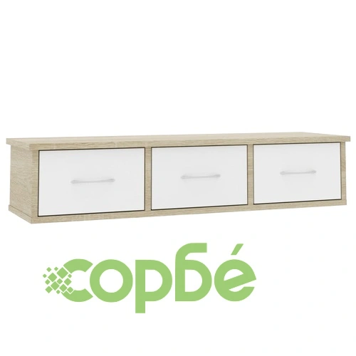 Стенен рафт с чекмеджета, бяло и дъб сонома, 88x26x18,5 см ➤ топ цена ➤ sorbe.bg