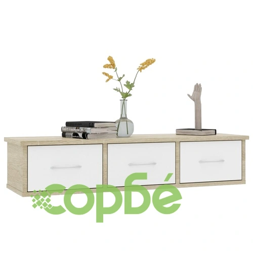 Стенен рафт с чекмеджета, бяло и дъб сонома, 88x26x18,5 см ➤ топ цена ➤ sorbe.bg