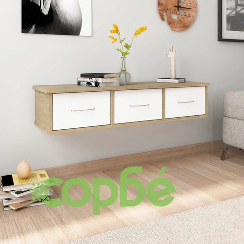 Стенен рафт с чекмеджета, бяло и дъб сонома, 88x26x18,5 см ➤ топ цена ➤ sorbe.bg