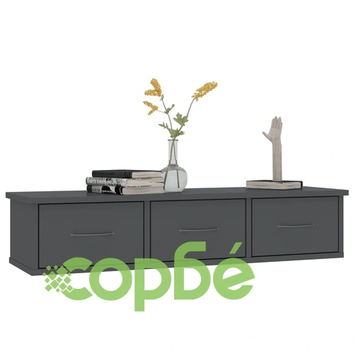 Стенен рафт с чекмеджета, сив силен гланц, 88x26x18,5 см ➤ топ цена ➤ sorbe.bg