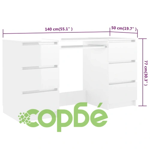 Писалище, бял гланц, 140x50x77 см, инженерно дърво ➤ топ цена ➤ sorbe.bg