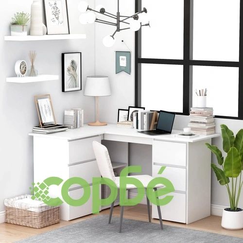 Ъглово бюро, бяло, 145x100x76 см, инженерно дърво ➤ топ цена ➤ sorbe.bg