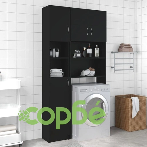 Шкаф за баня, черен, 32x25,5x190 см, инженерно дърво ➤ топ цена ➤ sorbe.bg