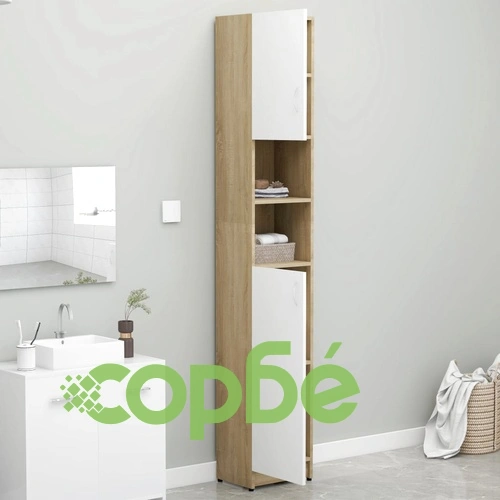 Шкаф за баня, бяло и дъб сонома, 32x25,5x190 см, ПДЧ ➤ топ цена ➤ sorbe.bg