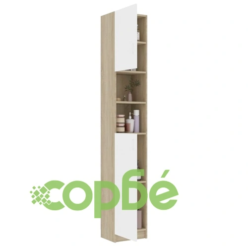 Шкаф за баня, бяло и дъб сонома, 32x25,5x190 см, ПДЧ ➤ топ цена ➤ sorbe.bg