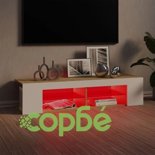 ТВ шкаф с LED осветление, бяло и дъб сонома, 135x39x30 см ➤ топ цена ➤ sorbe.bg