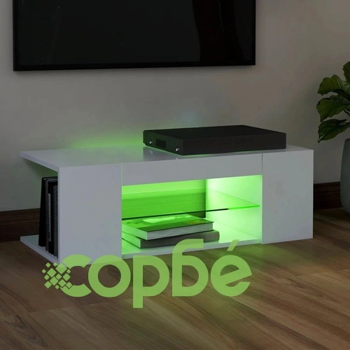 ТВ шкаф с LED осветление, бял, 90x39x30 см ➤ топ цена ➤ sorbe.bg