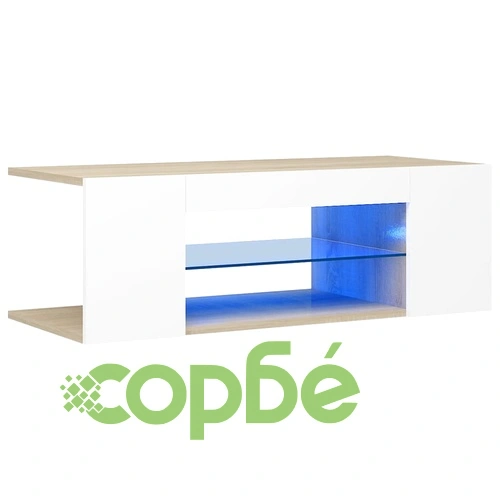 ТВ шкаф с LED осветление, бяло и дъб сонома, 90x39x30 см ➤ топ цена ➤ sorbe.bg