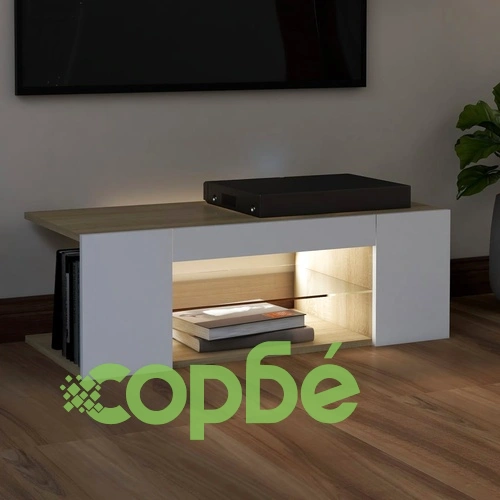 ТВ шкаф с LED осветление, бяло и дъб сонома, 90x39x30 см ➤ топ цена ➤ sorbe.bg