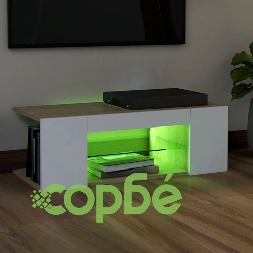 ТВ шкаф с LED осветление, бяло и дъб сонома, 90x39x30 см ➤ топ цена ➤ sorbe.bg