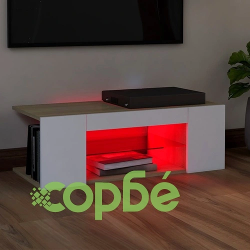 ТВ шкаф с LED осветление, бяло и дъб сонома, 90x39x30 см ➤ топ цена ➤ sorbe.bg