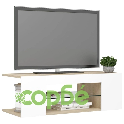 ТВ шкаф с LED осветление, бяло и дъб сонома, 90x39x30 см ➤ топ цена ➤ sorbe.bg