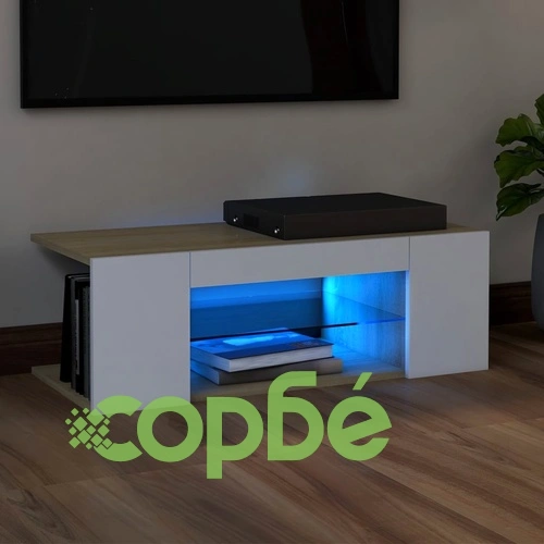 ТВ шкаф с LED осветление, бяло и дъб сонома, 90x39x30 см ➤ топ цена ➤ sorbe.bg