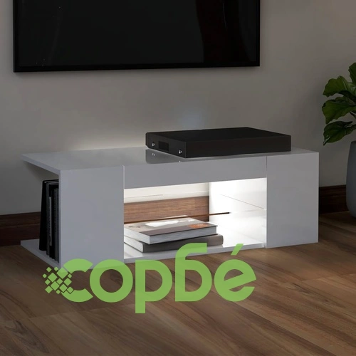 ТВ шкаф с LED осветление, бял гланц, 90x39x30 см ➤ топ цена ➤ sorbe.bg