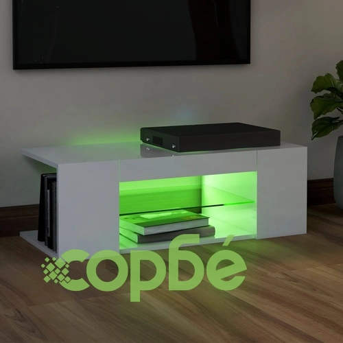 ТВ шкаф с LED осветление, бял гланц, 90x39x30 см ➤ топ цена ➤ sorbe.bg